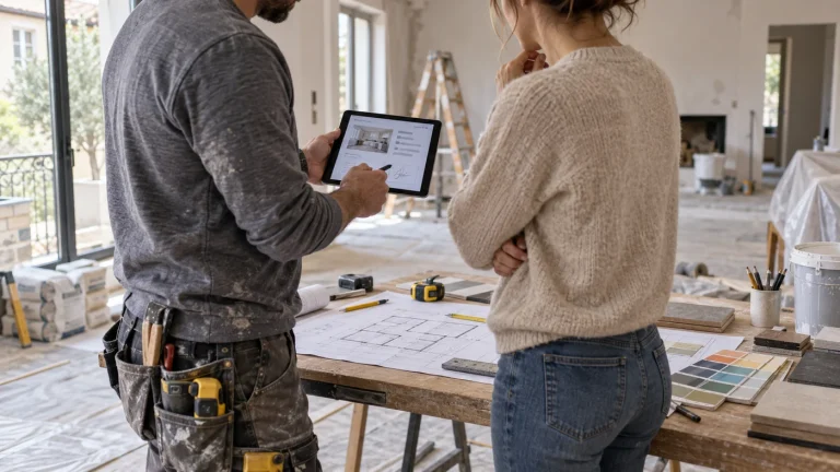 Artisan et cliente validant un devis de travaux sur tablette
