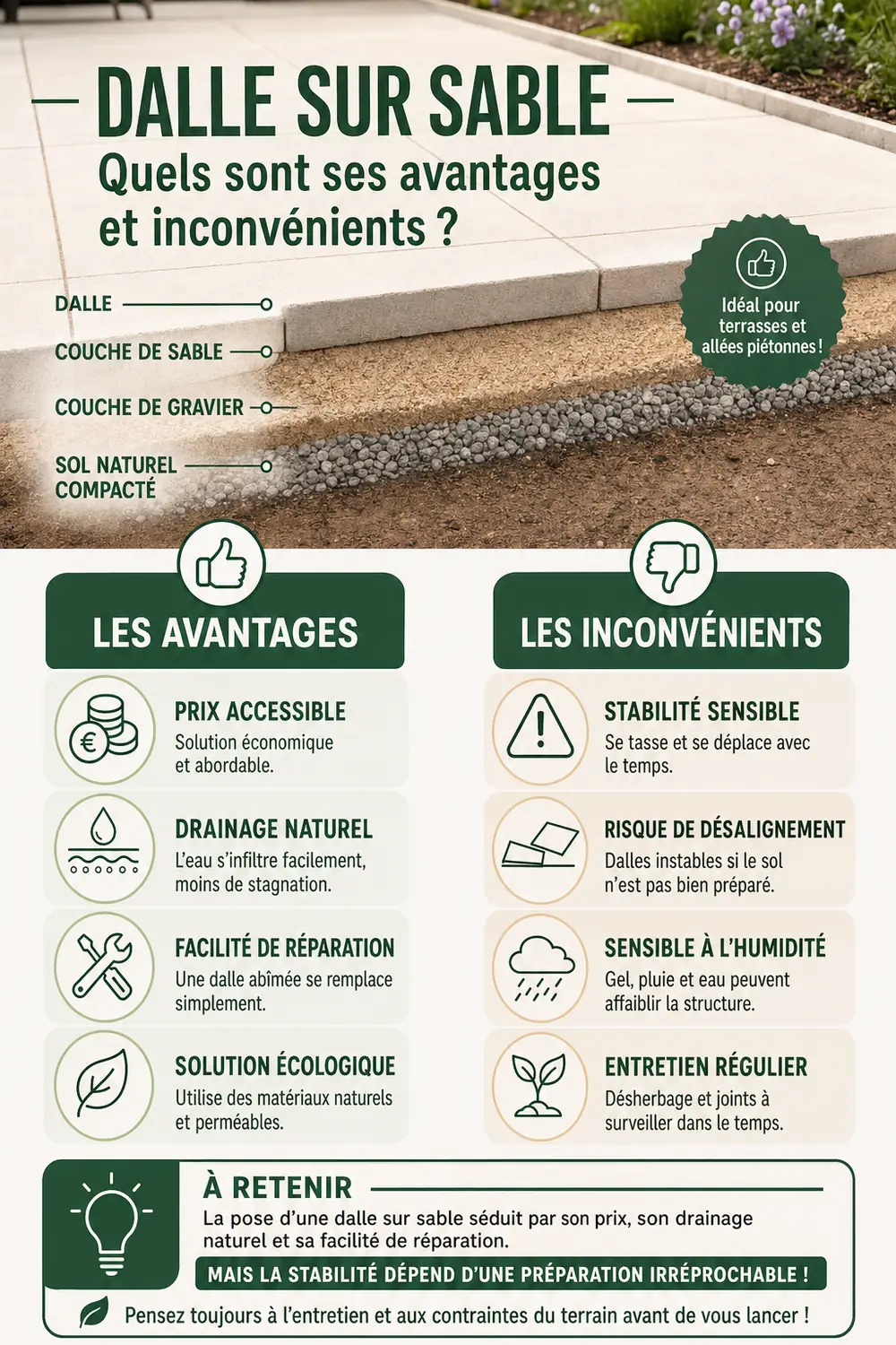Dalle sur sable : Quels sont ses avantages et inconvénients ?