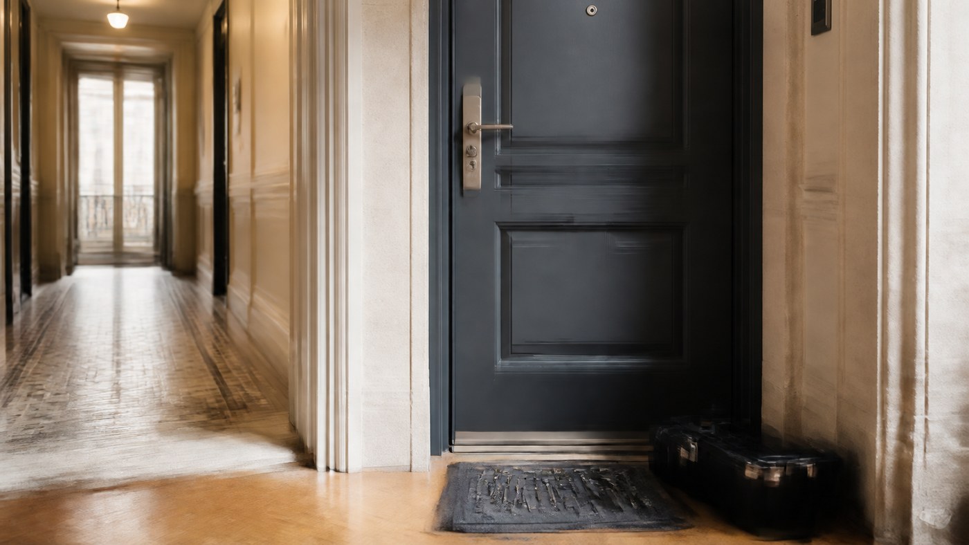 Porte d’entrée et outils de serrurerie dans un immeuble urbain