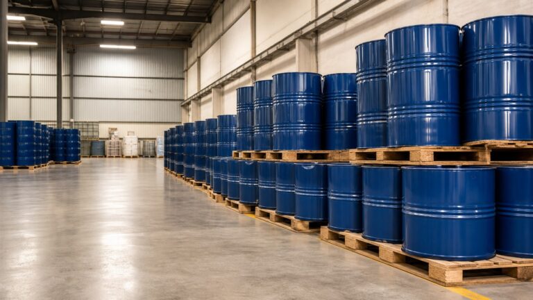 Fûts métalliques stockés proprement dans un entrepôt