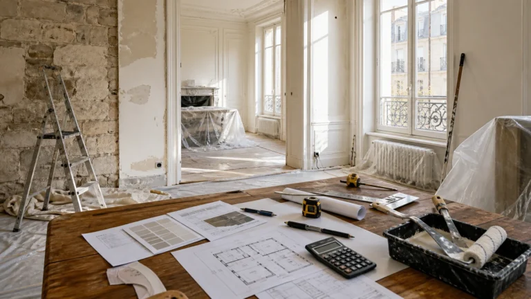 Chantier de rénovation intérieure avec outils et documents de budget